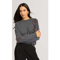 Ted Baker Floral Embellished Crew Neck Jumper with Wool Grey