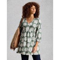 White Stuff Pure Cotton Printed V-Neck Tunic Green Mix
