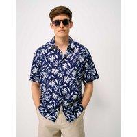 Crew Clothing Linen Cotton Blend Floral Short Sleeve Shirt Navy
