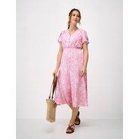 Crew Clothing Floral V-Neck Puff Sleeve Midi Tea Dress Pink Mix