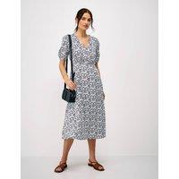 Crew Clothing Floral V-Neck Puff Sleeve Midi Tea Dress Navy Mix
