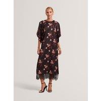 Ted Baker Floral Batwing Lace Trim Midi Dress Black