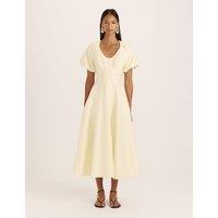 SABA Linen Rich Scoop Neck Midi Waisted Dress Yellow