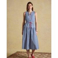 Joules Pure Cotton Striped Midi Waisted Dress Blue Mix