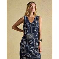 Joules Linen Blend Printed V-Neck Mini Shift Dress Navy Mix