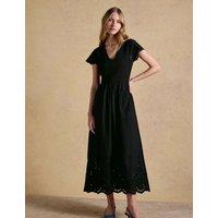 Joules Pure Cotton Broderie V-Neck Midi Shirred Dress Black