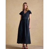 Joules Pure Cotton Broderie V-Neck Midi Shirred Dress Navy