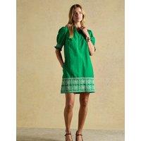 Joules Pure Cotton Broderie V-Neck Mini Shift Dress Green Mix