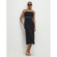 River Island Scallop Trim Midi Column Dress with Linen Black Mix