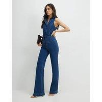 River Island Denim Button Front Sleeveless Jumpsuit Dark Blue Denim