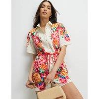 River Island Pure Cotton Floral Short Sleeve Playsuit Cream