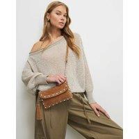 River Island Suede Studded Tassel Cross Body Bag Tan