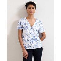 Phase Eight Pure Cotton Floral V-Neck Button Front Top Blue Mix