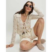 River Island Cotton Blend Collared Cardigan Cream