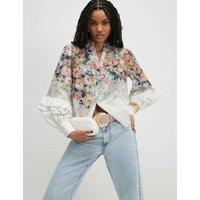 River Island Floral V-Neck Ruffle Sleeve Blouse White Mix