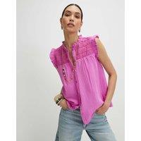 River Island Pure Cotton Lace Yoke Frill Detail Blouse Pink