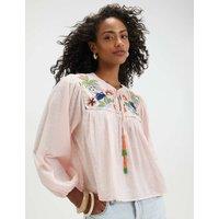 River Island Pure Cotton Embroidered Smocked Blouse Pink Mix