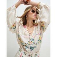 River Island Embroidered Tie Neck Relaxed Popover Blouse Cream Mix