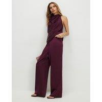 River Island Satin Drawstring Wide Leg Trousers Burgundy