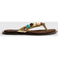 River Island Beaded Flat Toe Thong Flat Sandals Gold Mix