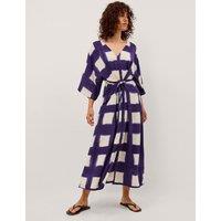 Monsoon Check Midaxi Kaftan Dress Navy Mix