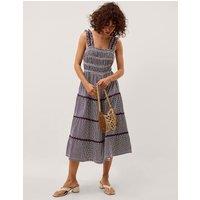 Monsoon Pure Cotton Gingham Midi Tiered Dress Navy Mix