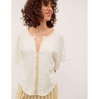 Monsoon Linen Blend Notch Neck Popover Blouse Ivory
