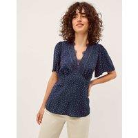 Monsoon Polka Dot V-Neck Lace Trim Waisted Blouse Navy Mix