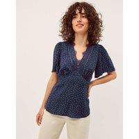 Monsoon Polka Dot V-Neck Lace Trim Waisted Blouse Navy Mix
