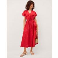 Monsoon Pure Cotton Tie Waist Midi Dress Red
