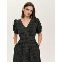 Finery London Cotton Blend Gingham V-Neck Midi Tea Dress Black Mix