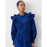 Finery London Pure Cotton Ruffle Shoulder Midi Dress Indigo