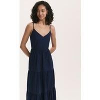 Finery London Pure Cotton V-Neck Strappy Midi Tiered Dress Navy