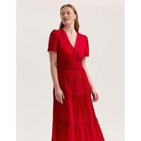 Finery London Pure Cotton Textured V-Neck Midi Tiered Dress Red