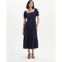 Finery London Cotton Blend Gingham Square Neck Midi Dress Navy Mix