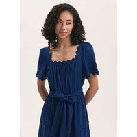 Finery London Pure Cotton Square Neck Midi Tiered Dress Indigo
