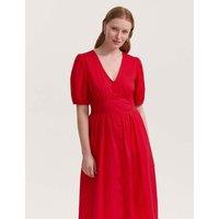 Finery London Pure Cotton V-Neck Midi Tea Dress Red