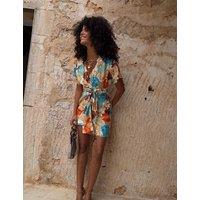 Never Fully Dressed Mini Wrap Dress in Shell Print Beige Mix