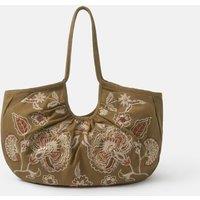 ACCESSORIZE Pure Cotton Floral Embroidered Shoulder Bag Khaki