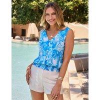 SOSANDAR Paisley Button Detail Shirred Hem Top Blue Mix