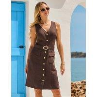 SOSANDAR Linen Blend V-Neck Knee Length Skater Dress Brown