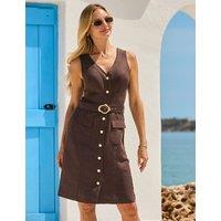 SOSANDAR Linen Blend V-Neck Knee Length Skater Dress Brown