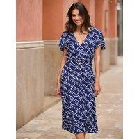 SOSANDAR Spot Print V-Neck Belted Midi Skater Dress Navy Mix