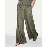 Jigsaw Pure Linen Wide Leg Palazzo Trousers Khaki