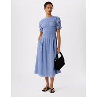 Whistles Pure Cotton Smocked Ruched Midi Dress Pale Blue