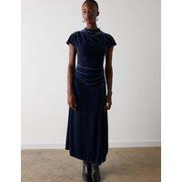 Whistles Velvet Ruched Midi Bodycon Dress Navy