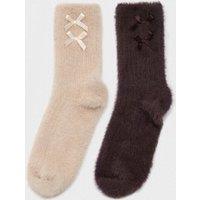 Boux Avenue 2 Pack Bow Trim Ribbed Fluffy Socks Natural Mix