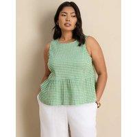 Live Unlimited London Cotton Rich Gingham Round Neck Peplum Top Green Mix