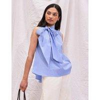 RO&ZO Cotton Rich Striped Tie Neck Bow Blouse Light Blue Mix