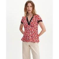 Finery London Floral Lace Trim V-Neck Top Red Mix